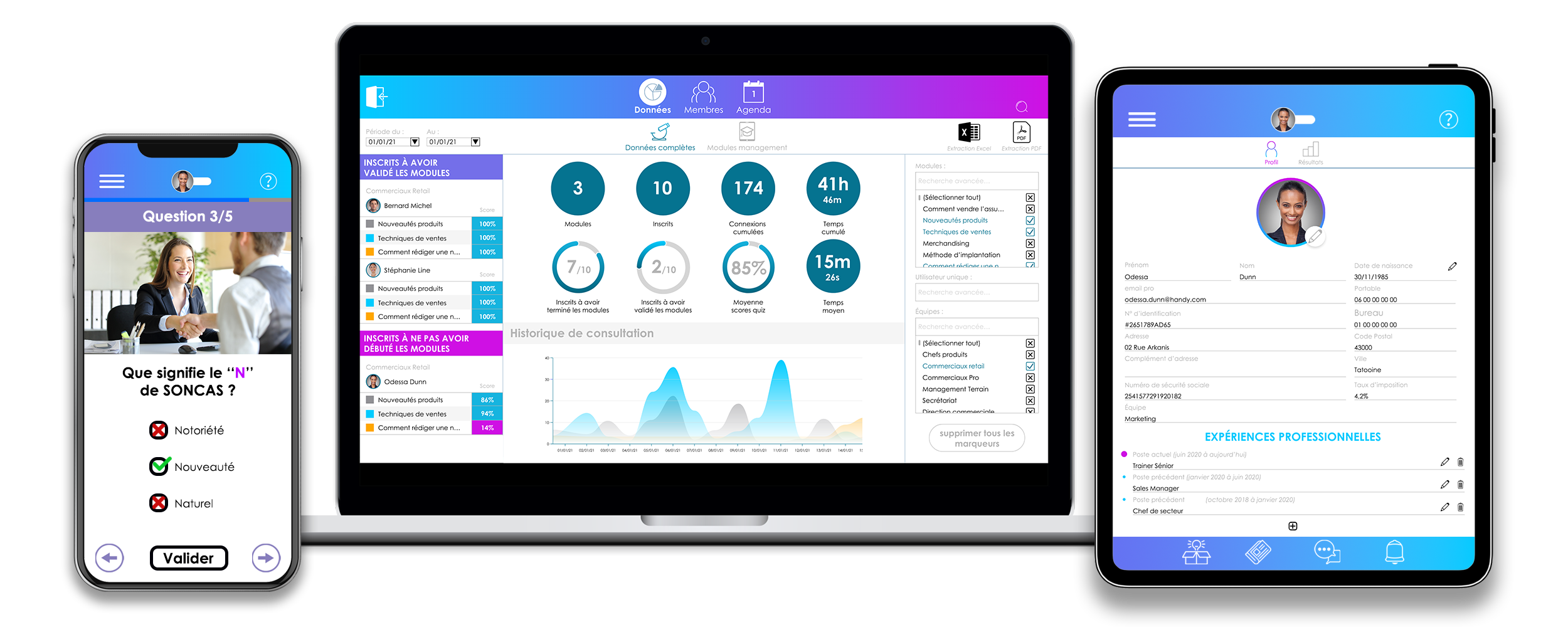 Screenshots logiciel et application LMS LXP pour la formation digitale et le elearning.